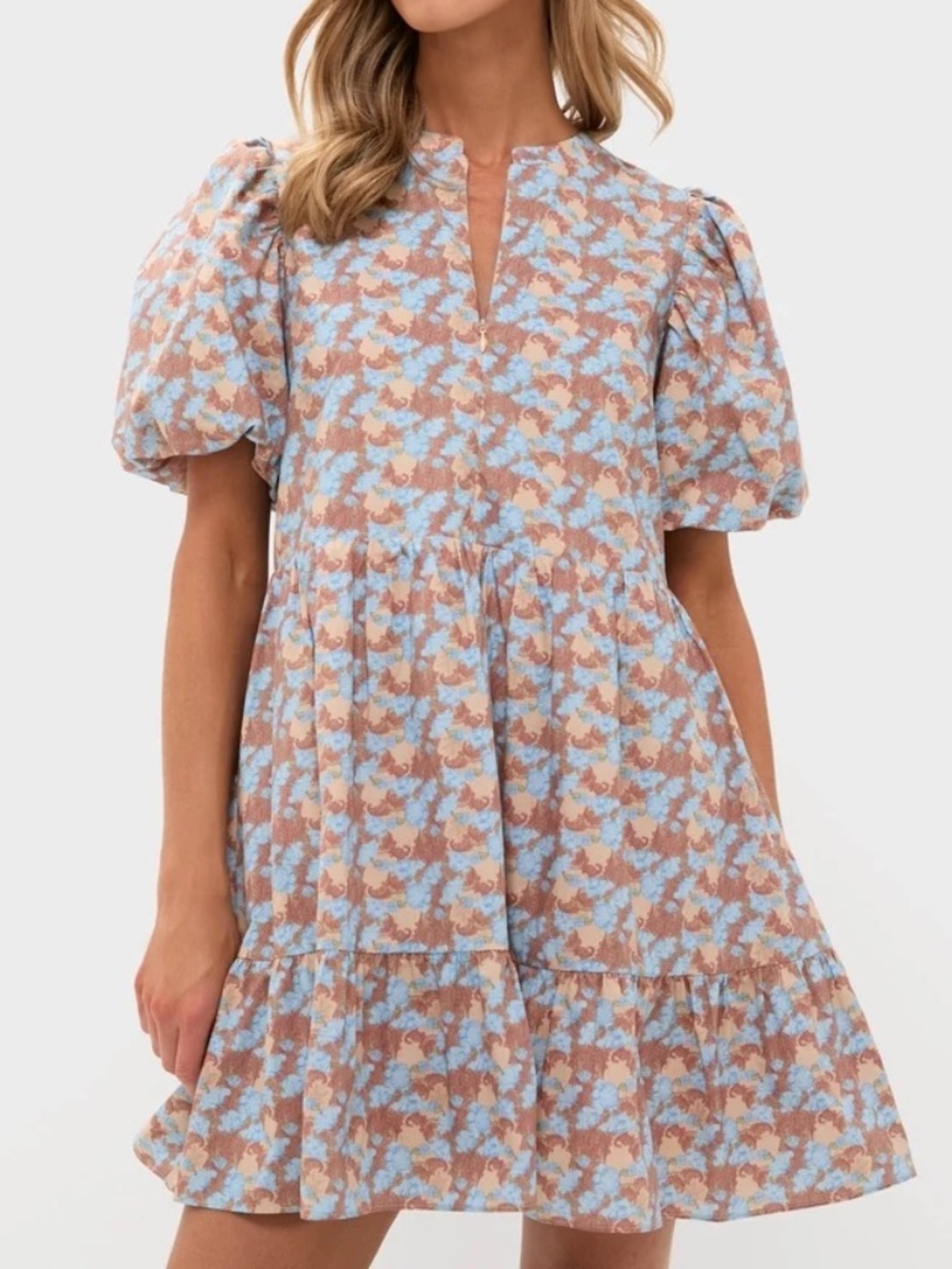 Hyacinth House Ellie Floral Zip Front Mini Dress Brown Blue Puff Sleeve S
